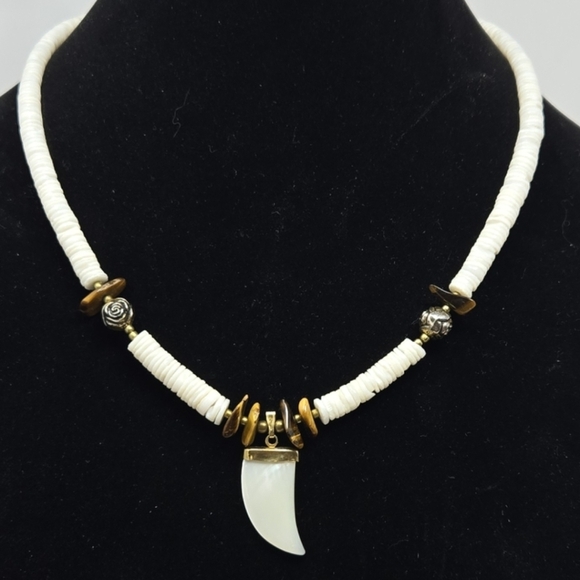 Heishi, Mother Of Pearl & Tiger Eye Womens Necklace Rose Beads Brass Accents - Picture 5 of 8